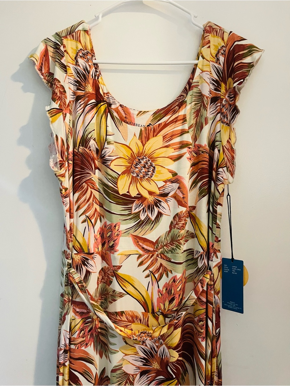 Caribbean Joe Tan, Pink, Yellow, Orange Tropical Print Dress